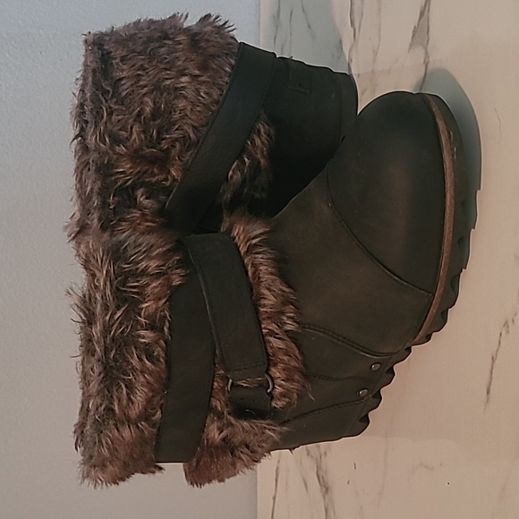 Sorel Joan Of Arctic Deep Gray Leather Suede Faux Fur Wedge Heel Ankle Boots 9 - Picture 2 of 12